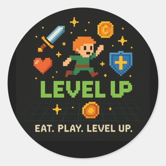 Level Up Gamer Sticker – Retro Pixel Gaming Art (Voorkant)