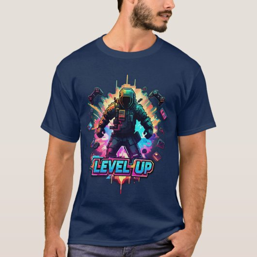 LEVEL UP Gamer T-Shirt Neon Arcade Glitch Retro (Voorkant)