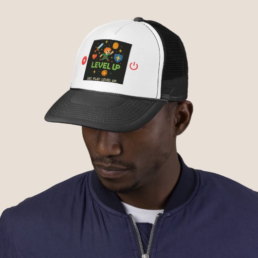 Level Up Gamer Trucker Hat – Pixel Retro Style Trucker Pet (In situ)