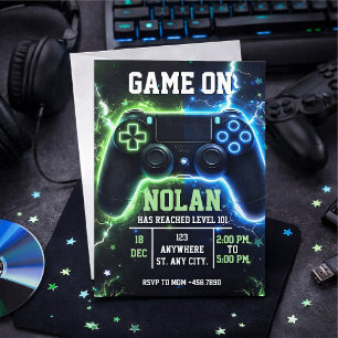 Level Up Gamer Verjaardagsuitnodiging – Neon Game Kaart