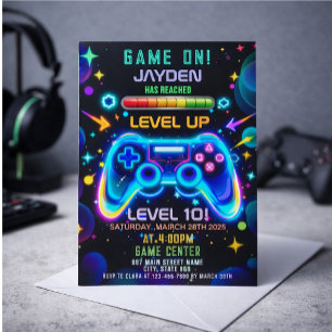 Level Up Gamer Verjaardagsuitnodiging – Neon Game Kaart
