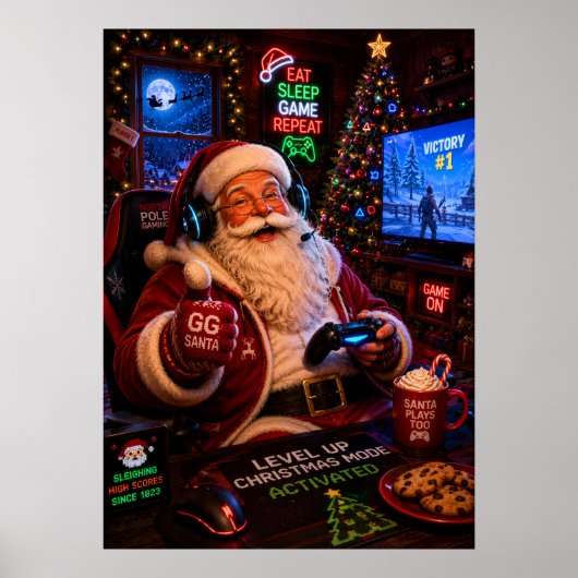 Level Up Kerstmodus Geactiveerd Gamer Sinterklaas Poster (Voorkant)