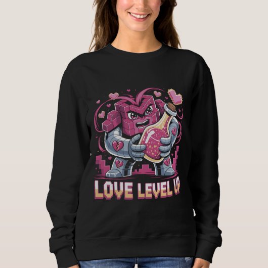 Level Up Love Voxel Roze Robot Hart Potion Retro Trui (Voorkant)