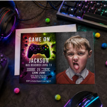 Level Up! Neon Video Game Verjaardagsfeest Uitnodi