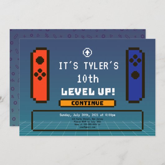 Level Up Verjaardag Uitnodiging Videogames (Voorkant / Achterkant)