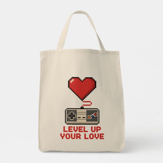 Level Up Your Love, Retro Pixel Gaming Design Tote Bag (Achterkant)