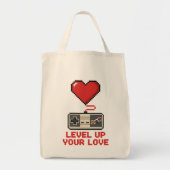 Level Up Your Love, Retro Pixel Gaming Design Tote Bag (Voorkant)