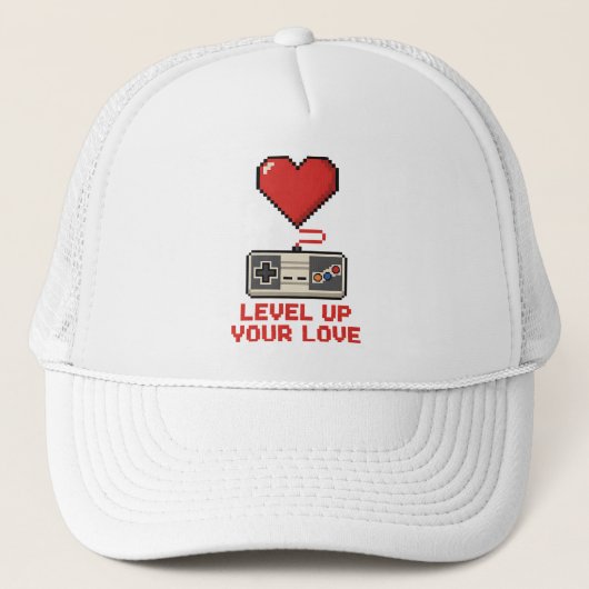 Level Up Your Love, Retro Pixel Gaming Design Trucker Pet (Voorkant)