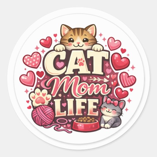 Leven als Kattenmoeder Ronde Sticker – Cute Hartje (Voorkant)