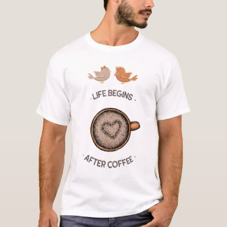 Leven Begint Na Koffie Schattige Liefdesvogels Gra T-shirt