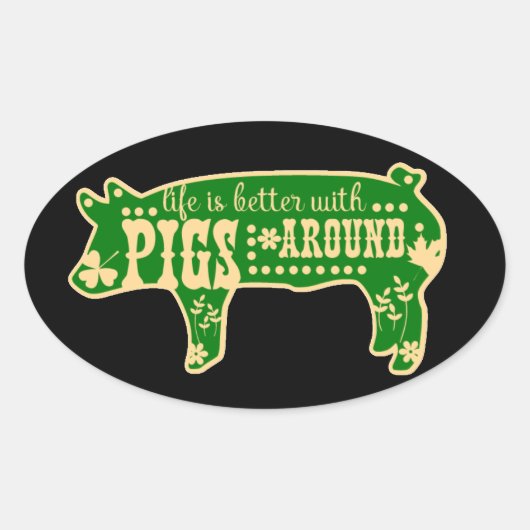 Leven Beter Met Varkens Zwart Ovale Stickers (Voorkant)