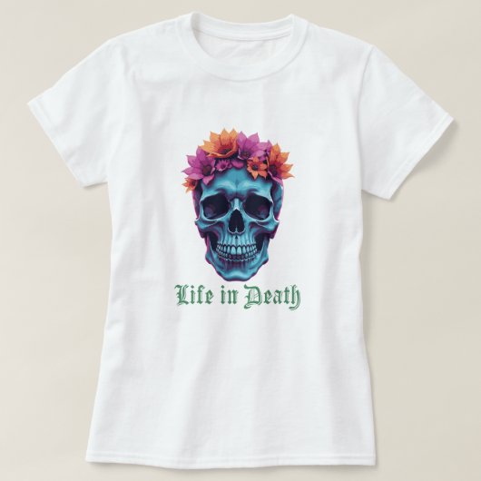 Leven in de dood, bloeien in het blauw t-shirt (Design voorkant)