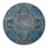 Leven in Lotus - Blauwe marmer en goud Keramische Knop (Voorkant)