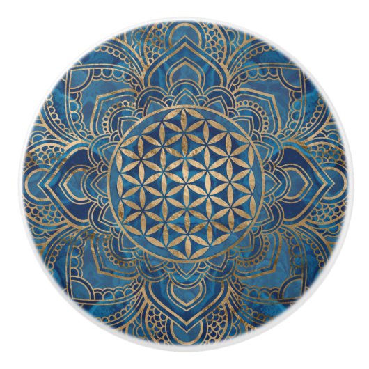 Leven in Lotus - Blauwe marmer en goud Keramische Knop (Voorkant)