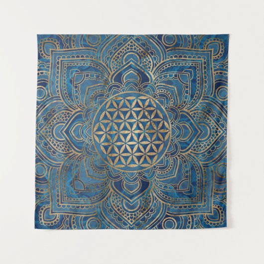 Leven in Lotus - Blauwe marmer en goud Wandkleed (Voorkant (horizontaal))