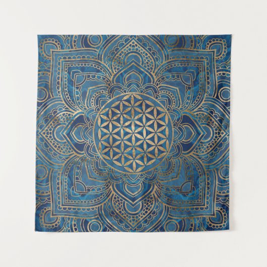Leven in Lotus - Blauwe marmer en goud Wandkleed (Voorkant)