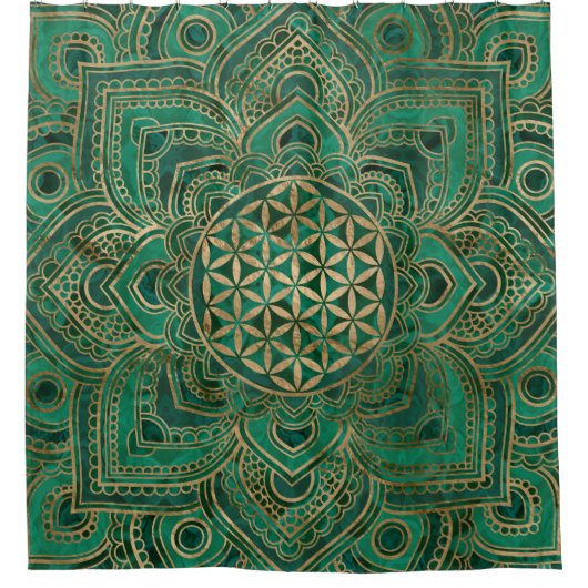 Leven in Lotus - Malachite en goud Douchegordijn (Voorkant)