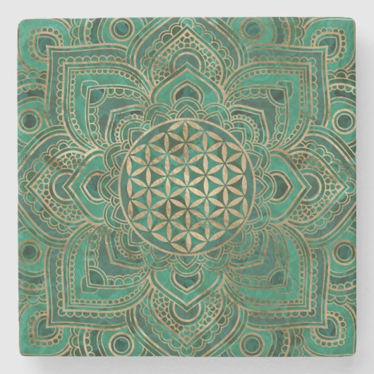 Leven in Lotus - Malachite en goud Stenen Onderzetter (Voorkant)