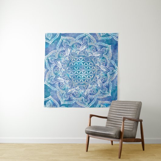 Leven in Lotus - Waterverf blauw Wandkleed (In Situ (horizontaal))