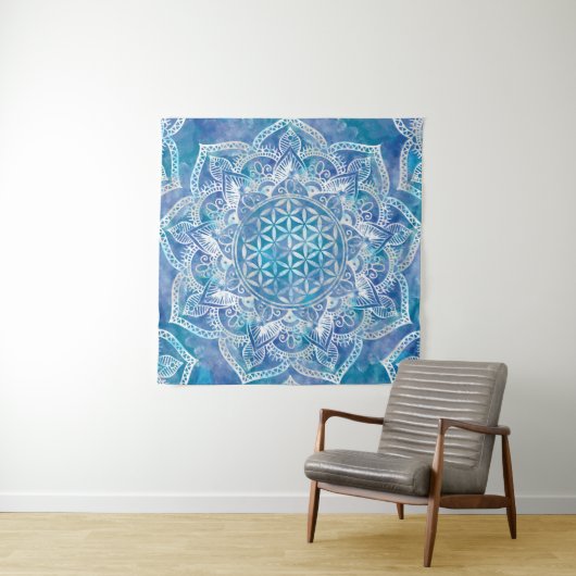 Leven in Lotus - Waterverf blauw Wandkleed (In situ)