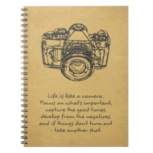 Leven is als een camera citaat, vintage notitieboek