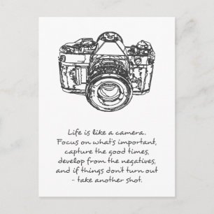 Leven is als een camera citaat, zwart en wit briefkaart
