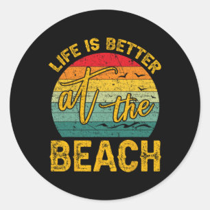 Leven Is Beter Aan De Strand Retro Palmbomen Zomer Ronde Sticker