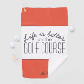 Leven is beter golfbaan citaat oranje wit pro golfhanddoek (Insitu)