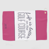 Leven is Beter Golfbaan Quote Heet Roze & Wit Golfhanddoek (Horizontaal)