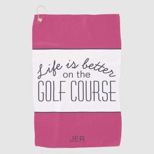 Leven is Beter Golfbaan Quote Heet Roze & Wit Golfhanddoek (Voorkant)
