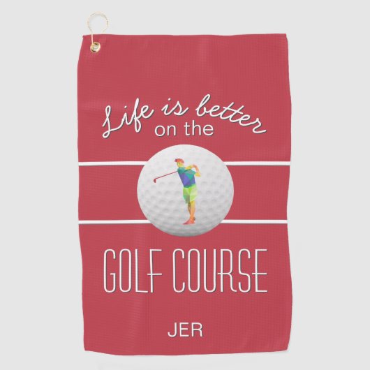 Leven is beter golfbal golfer initialen naam rood golfhanddoek (Voorkant)