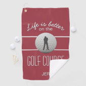 Leven is Beter Golfen Citaat Beginletters Diep Roo Golfhanddoek (Insitu)