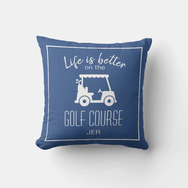 Leven is beter Golfkar Blauw Monogram Golf Kussen (Voorkant)
