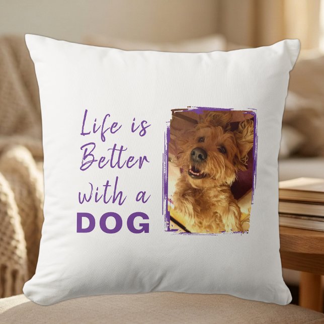 Leven is beter met hond 2 foto naam wit paars kussen (Creator heeft geüpload)