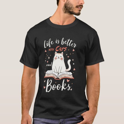 Leven Is Beter Met Katten & Boeken T-shirt Grappig (Voorkant)