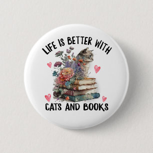 Leven is beter met katten en boeken Funny Cat Ronde Button 5,7 Cm