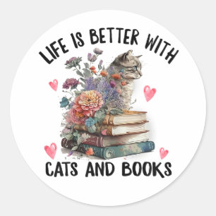 Leven is beter met katten en boeken Funny Kat Ronde Sticker