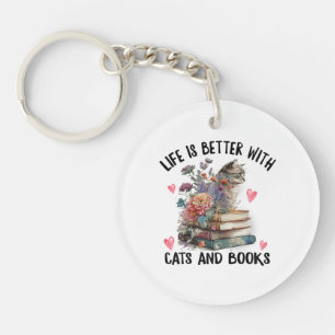 Leven is beter met katten en boeken Funny Kat Sleutelhanger