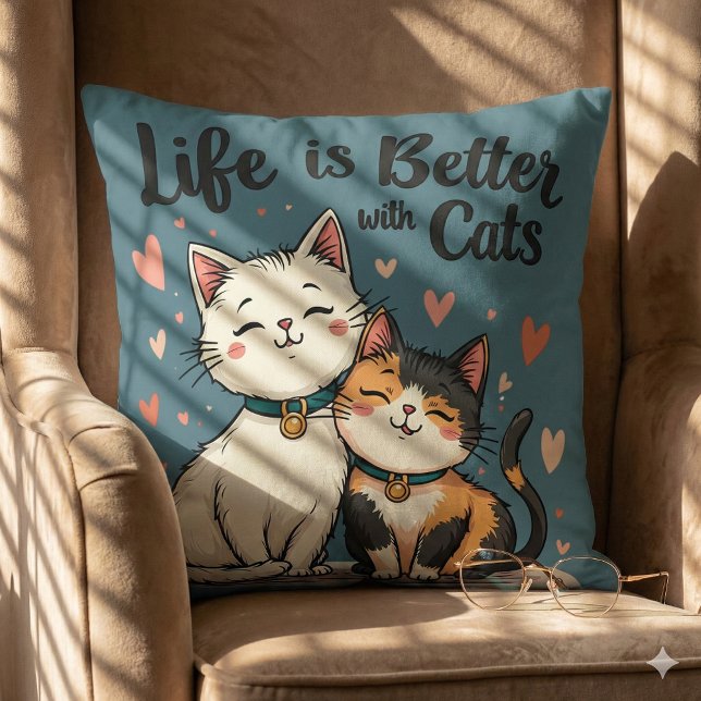 Leven is beter met katten Mooie kat esthetiek, Bla Kussen (Life is Better with Cats Cute Cat Aesthetic, Blue Throw Pillow Mockup B)