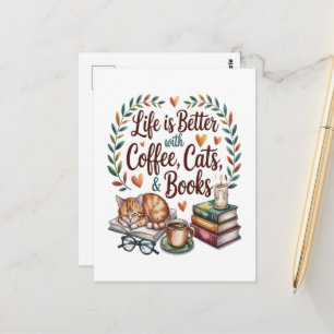 Leven is beter met koffie katten boeken briefkaart