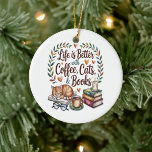 Leven is beter met koffie katten boeken keramisch ornament