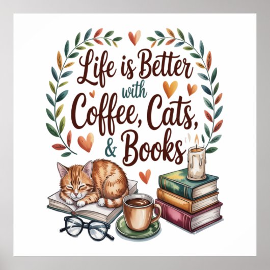Leven is beter met koffie katten boeken poster (Voorkant)