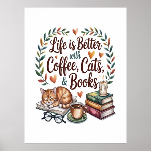 Leven is beter met koffie katten boeken poster (Voorkant)
