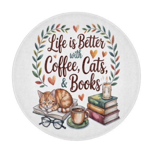 Leven is beter met koffie katten boeken snijplank (Voorkant)