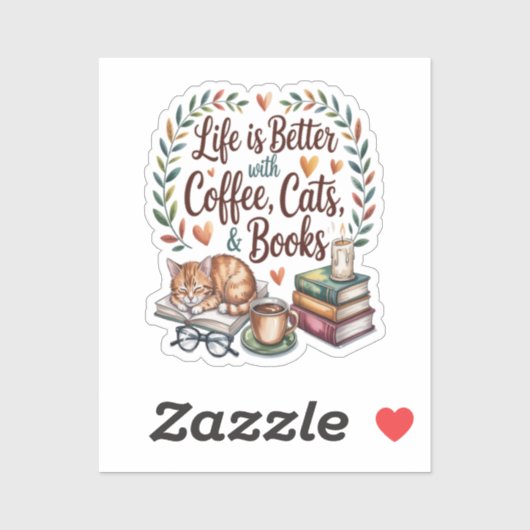 Leven is beter met koffie katten boeken sticker (Vel)
