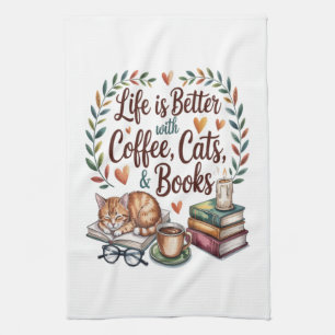 Leven is beter met koffie katten boeken theedoek