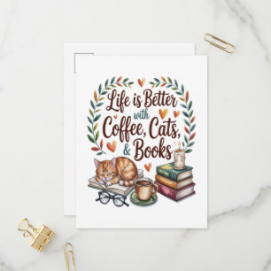 Leven is beter met koffie katten boeken uitnodiging briefkaart