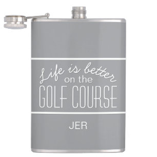 Leven is beter op golfbaan citaat monogram grijs heupfles