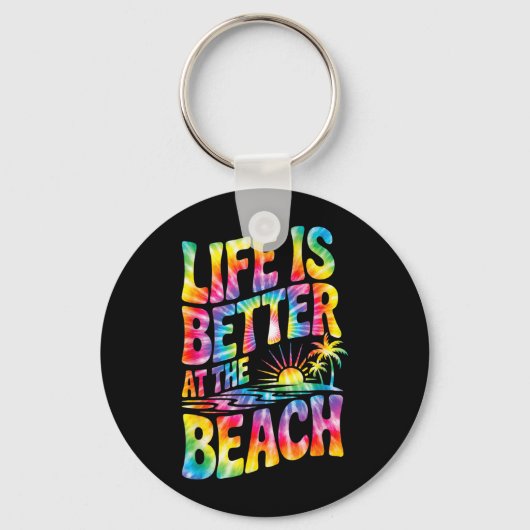 Leven is beter op het strand Retro Tie Dye Zonsond Sleutelhanger (Voorkant)