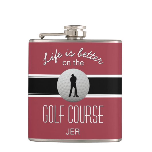 Leven is beter Quote Golfen Monogram Diep rood Heupfles (Voorkant)
